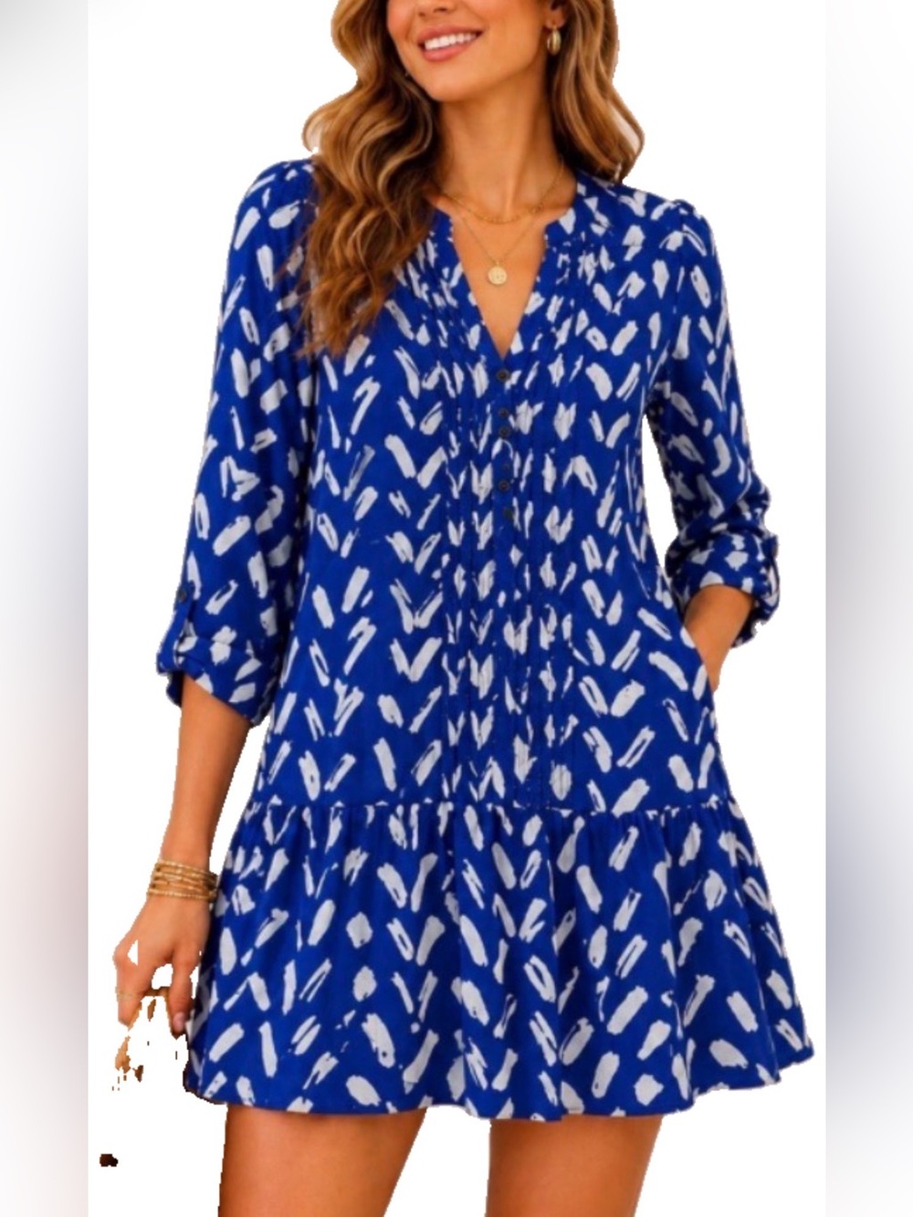 Maeve Blue and White Abstract Button-Front dress